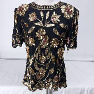 Steney Silk Top Gold Sequin Floral Leaf Short Sleeve Zipper Closure Sz L AS IS
